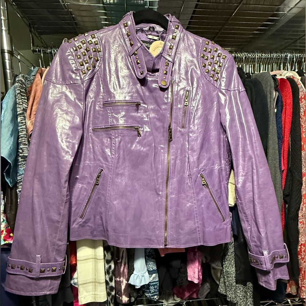 Unique shiny Purple leather moto zipper studded jacket